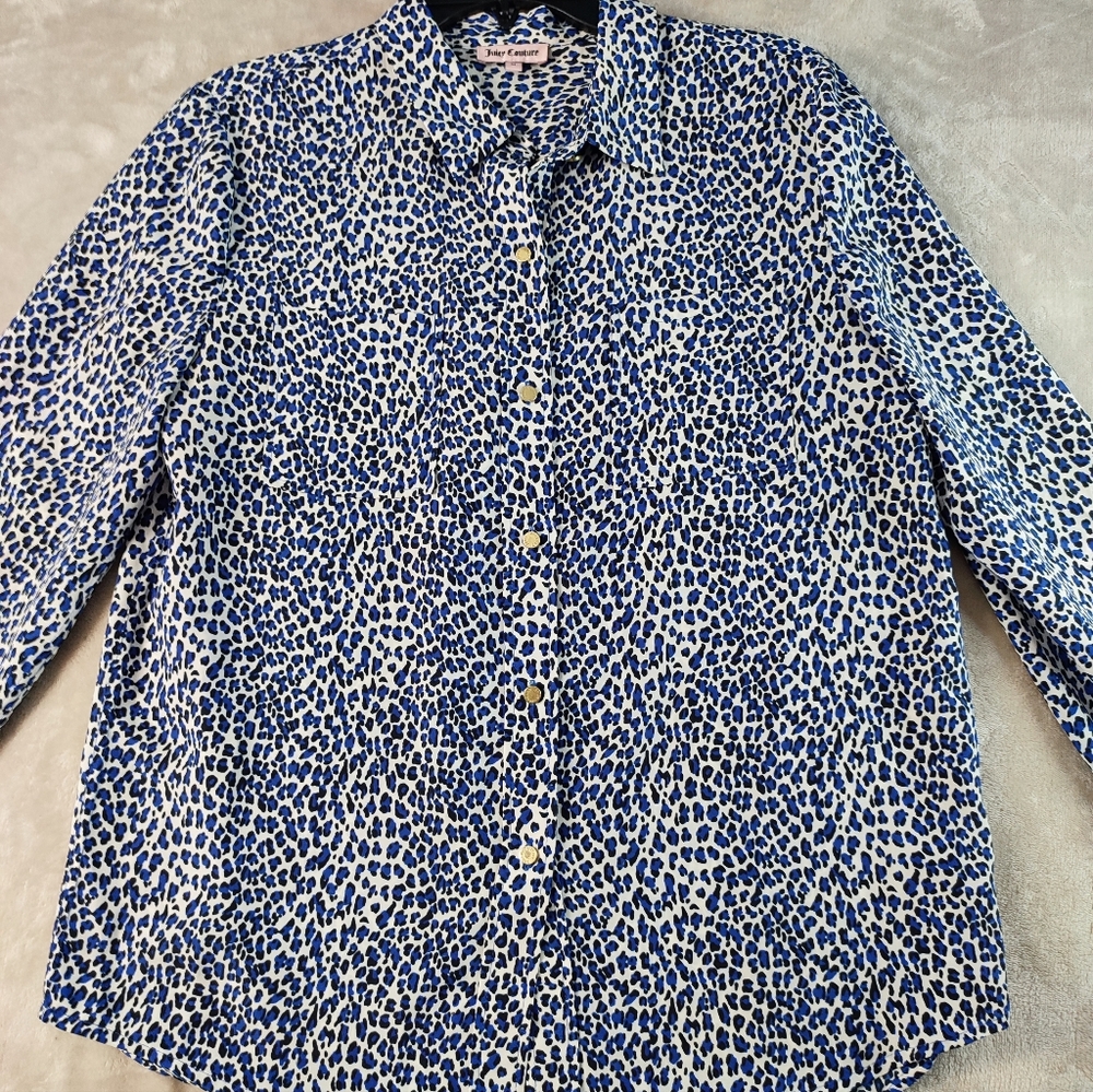 Juicy Couture Blue & White Cheetah print  Long Sleeve Blouse Top EUC - Picture 3 of 9